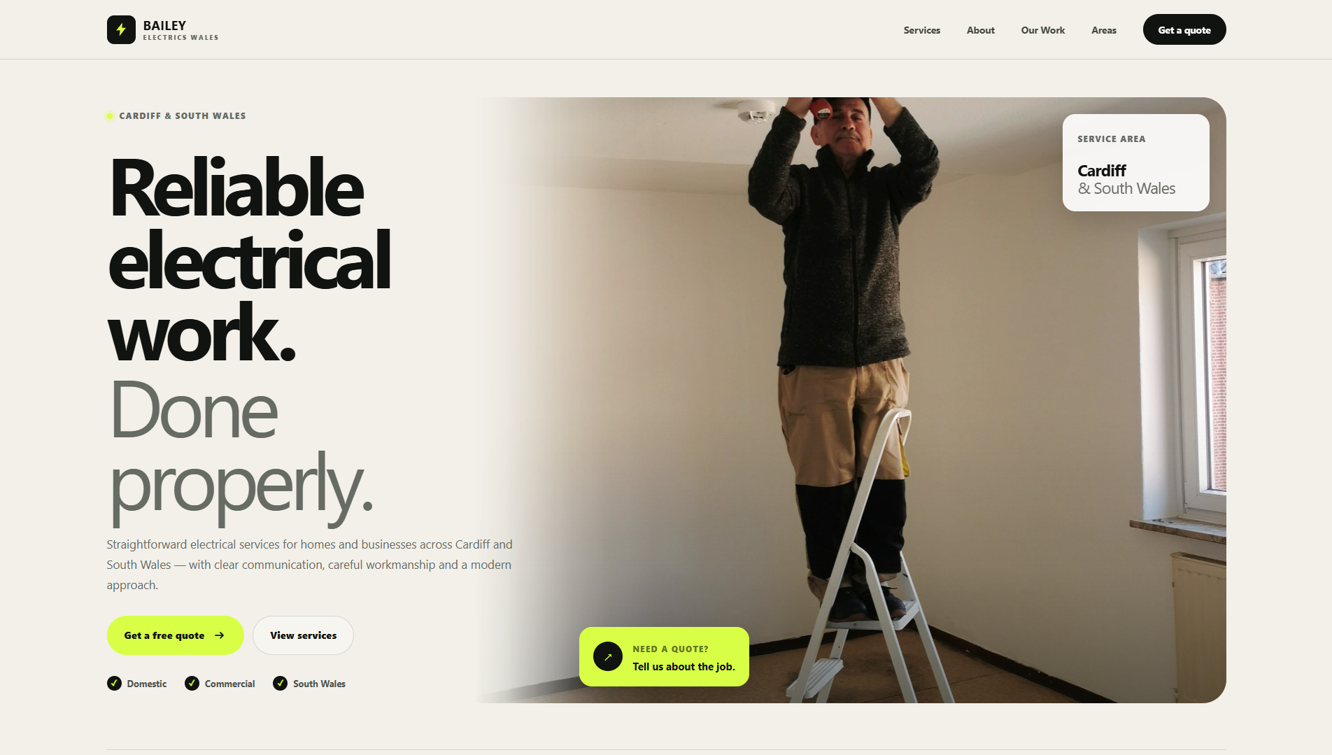 Bailey Electrics Wales concept website displayed on desktop
