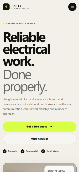 Bailey Electrics Wales concept website displayed on mobile