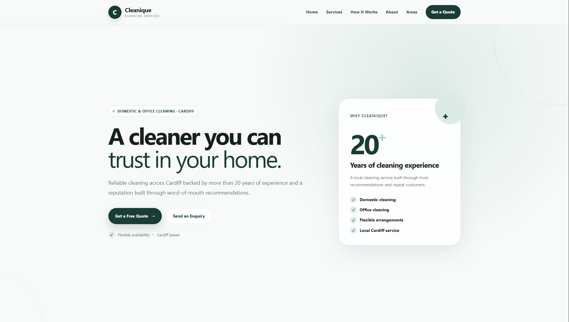 Cleanique concept website displayed on desktop