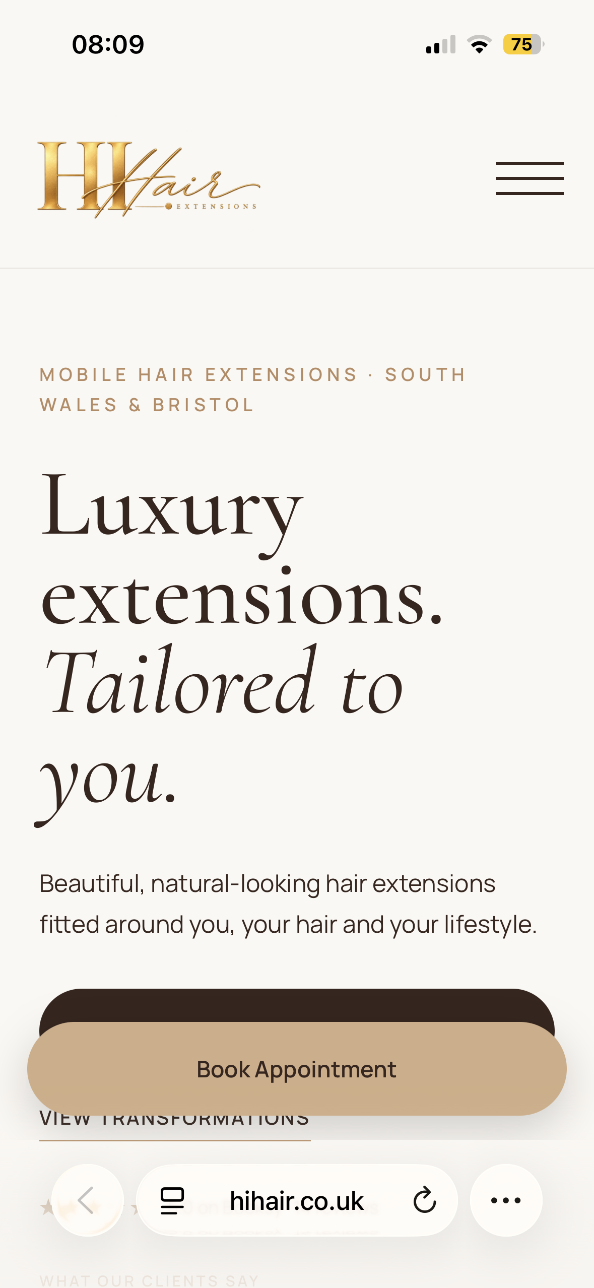 HI Hair Extensions website displayed on mobile